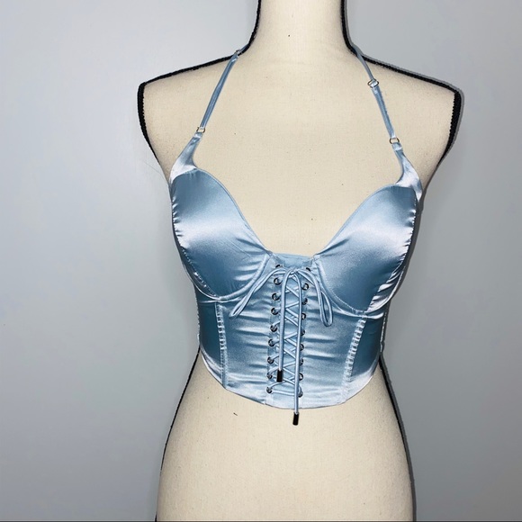 NEW Baby Blue Satin Lace Up Padded Cropped Corset - Picture 8 of 14
